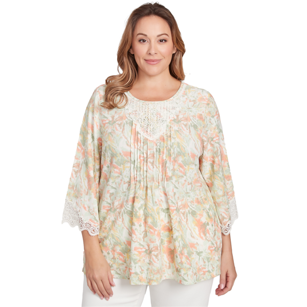 Plus Women''s Scoop Neck Watercolor Print Knit Top With Lace Trim - image 