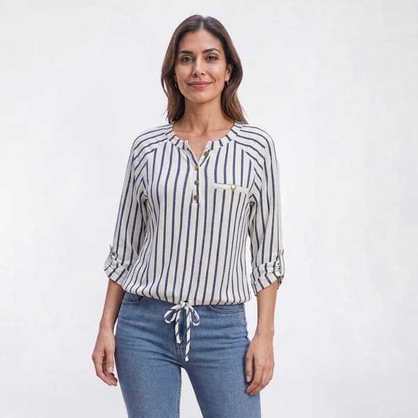 Womens Cure 3/4 Roll Tab Stripe Split Neck Henley Blouse