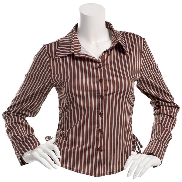 Juniors No Comment Long Sleeve Stripe Button Front Top - Brown - image 