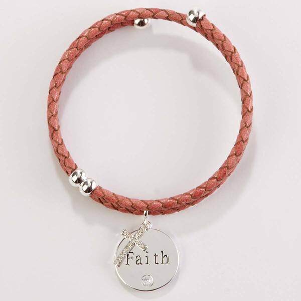 Faith Leather Charm Coil Bracelet with Clear Cubic Zirconia - image 