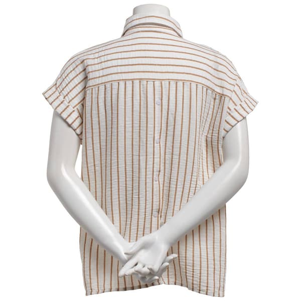 Womens Notations Short Sleeve Stripe Linen Button Front Blouse