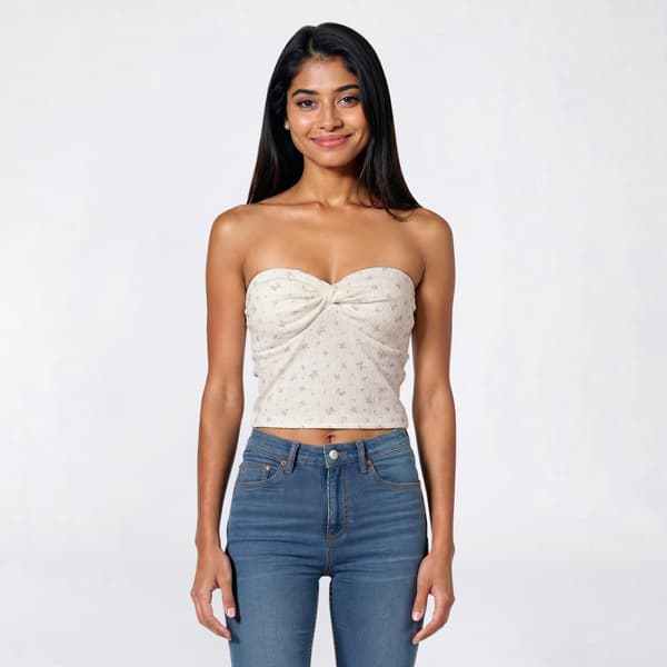 Juniors Pink Rose Floral Crinkle Knit Twist Tube Top