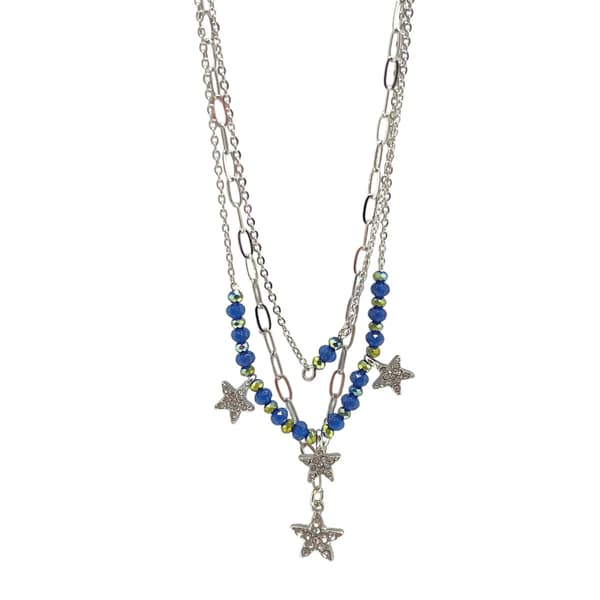 Ashley 3-Row Silver-Tone Layered Blue Beads & Stars Necklace - image 