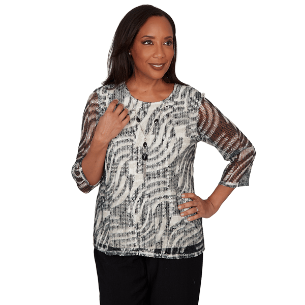 Petite Alfred Dunner Detail Driven 3/4 Sleeve Abstract Blouse - image 