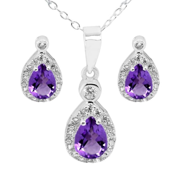 Marsala Pear Shape Genuine Amethyst & Clear Cubic Zirconia Set - image 