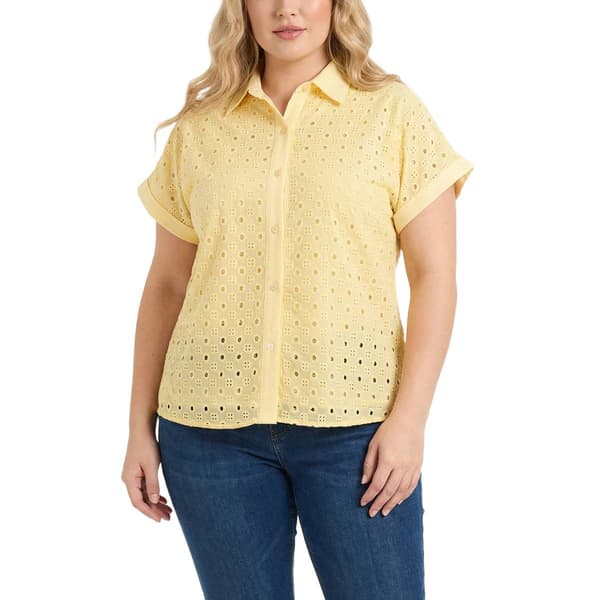 Plus Size NY Collection Short Sleeve Cotton Eyelet Bf Shirt With - image 