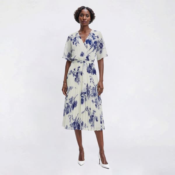 Womens Sandra Darren Flutter Sleeve Floral Pleated Midi Dress