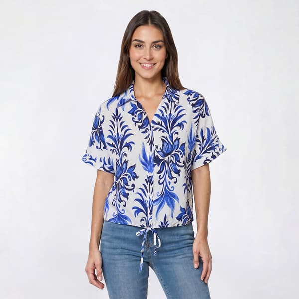 Womens Adrianna Papell Short Sleeve Watercolor Damask Blouse