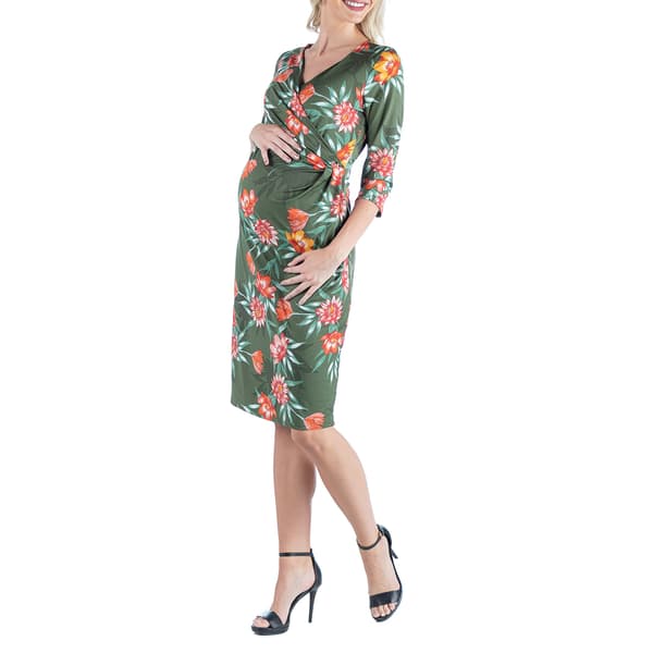 Womens 24/7 Comfort Apparel Green Floral Maternity Wrap Dress