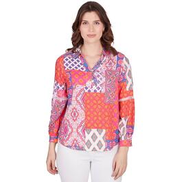 Petite Ruby Rd. Bright Blooms Long Sleeve Woven Patchwork Blouse