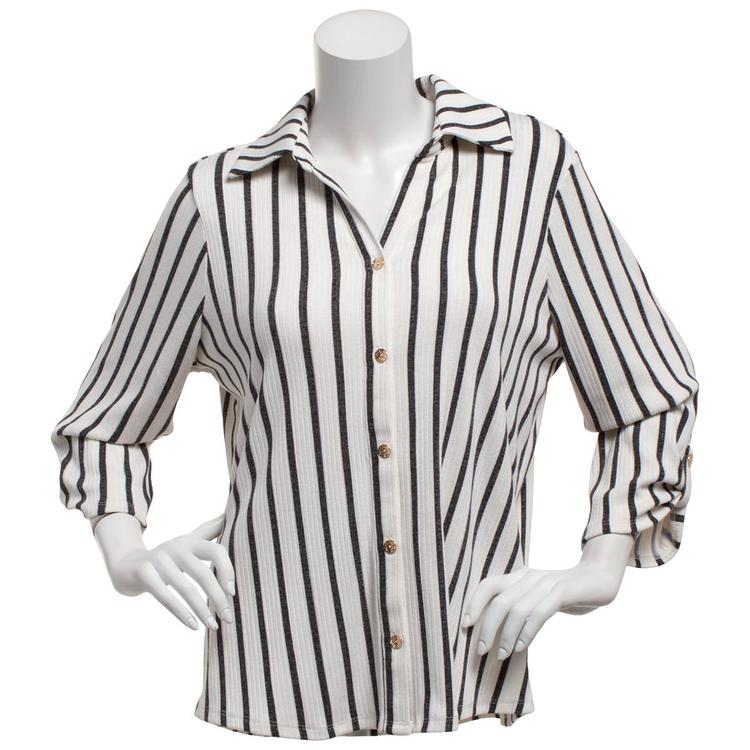 Plus Size Cure 3/4 Sleeve Stripe Button Front Blouse