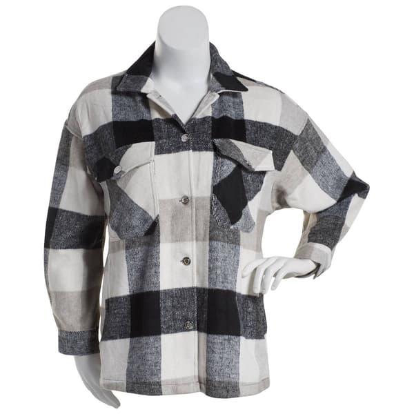 Juniors Plus Stoosh Wool-Mix Plaid Shacket w/ Welt Pockets-Black