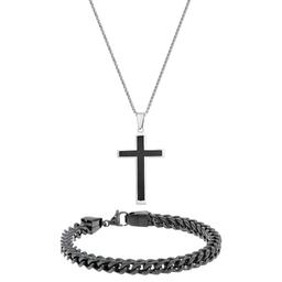 Mens Lynx Black IP Cross Pendant & Foxtail Chain Bracelet Set