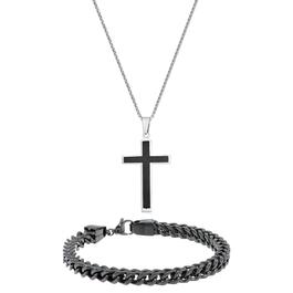 Mens Lynx Black IP Cross Pendant & Foxtail Chain Bracelet Set