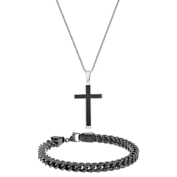 Mens Lynx Black IP Cross Pendant & Foxtail Chain Bracelet Set - image 