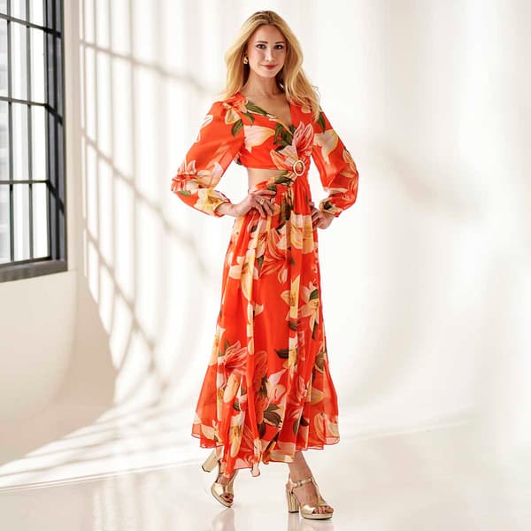 Womens Vivid Aura Long Sleeve Floral Cutout Side Maxi Dress - image 
