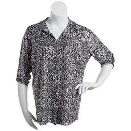 Plus Size Emily Daniels 3/4 Sleeve Foil Medallion Button Down