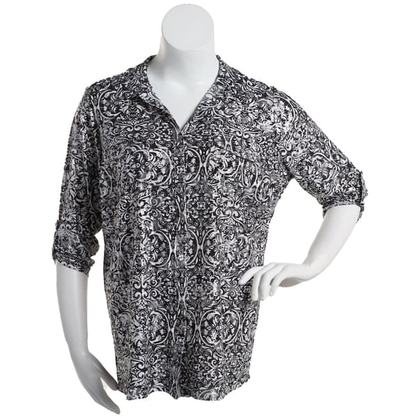 Plus Size Emily Daniels 3/4 Sleeve Foil Medallion Button Down - image 
