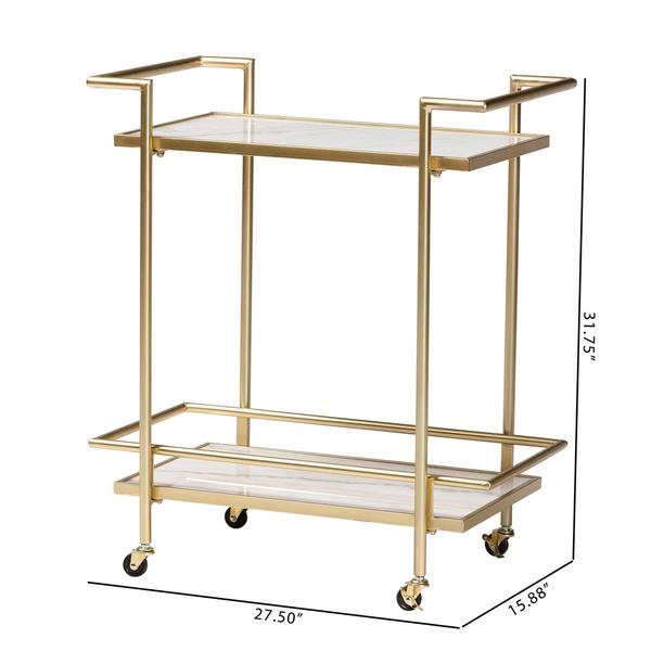 Baxton Studio Louise Glam & Luxe White Marble 2-Tier Wine Cart