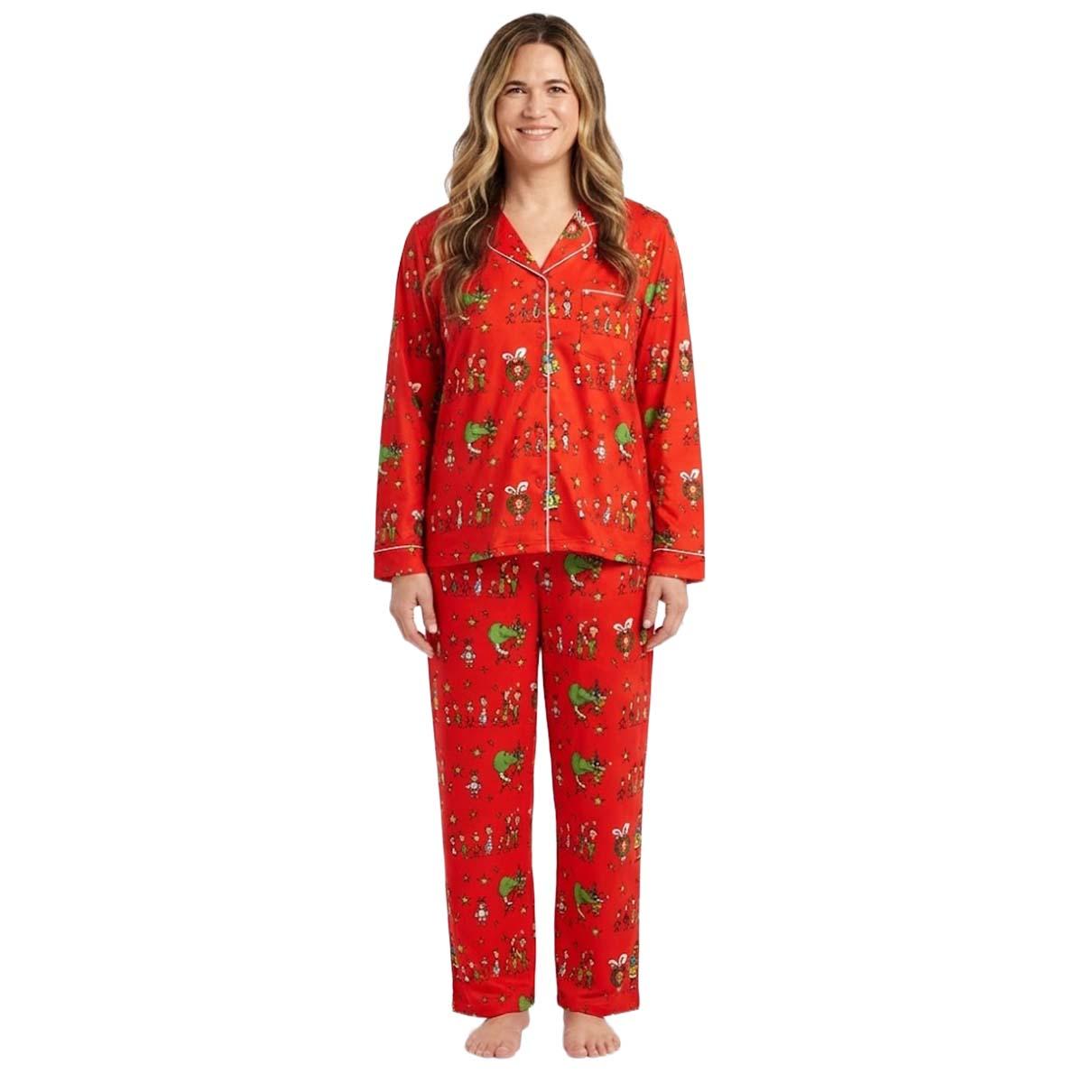 Womens Grinch Long Sleeve Whoville Notch Collar Pajama Set