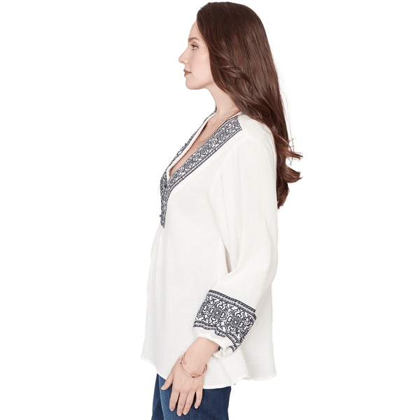 Womens Skye’s the Limit Fresh Start Scroll V-Neck Blouse