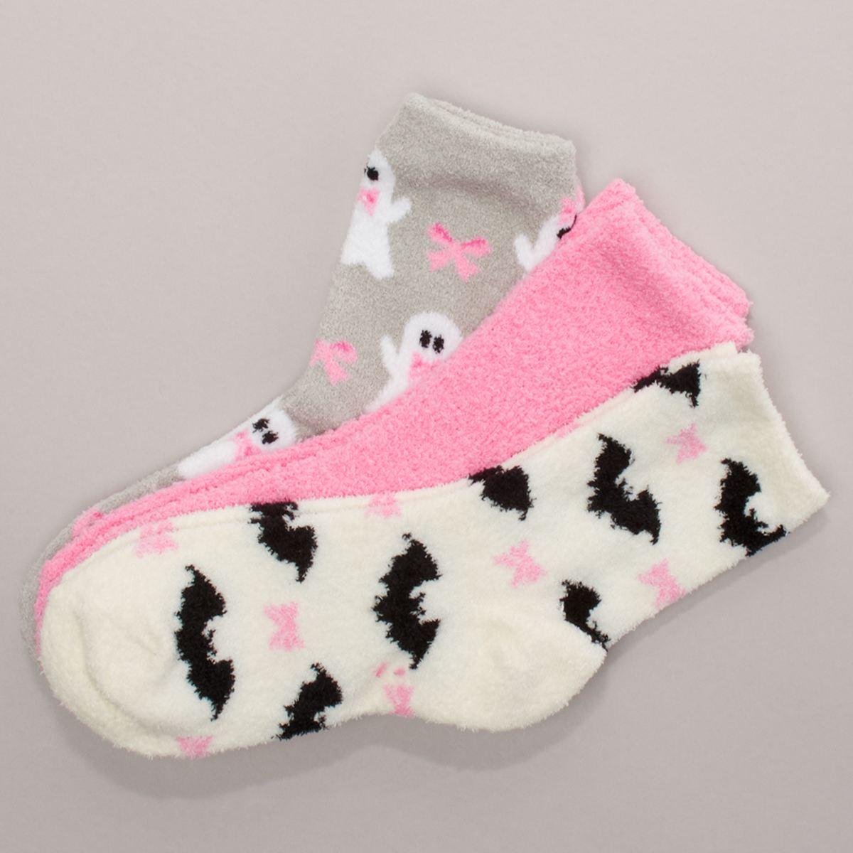 Girls 3pk. Fuzzy Halloween Ghost & Bats Mid Crew Socks