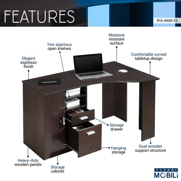 Techni Mobili 51" W Classic Office Desk w/ Storage