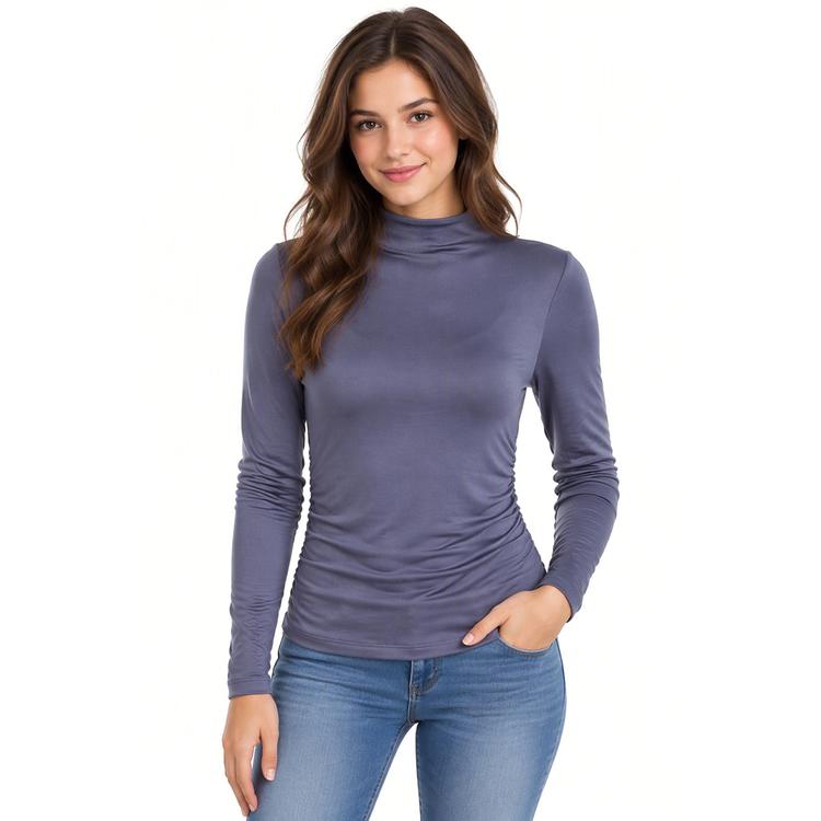 Juniors No Comment Fleece Lined Mock Neck Sculpted Tee