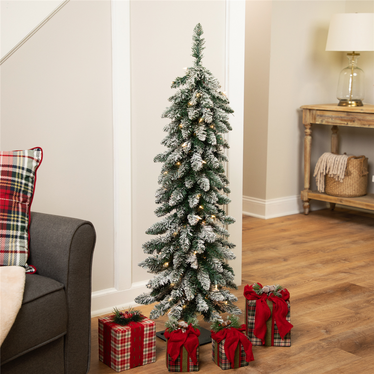 Northlight 4ft. Pre-Lit Pencil Flocked Alpine Christmas Tree