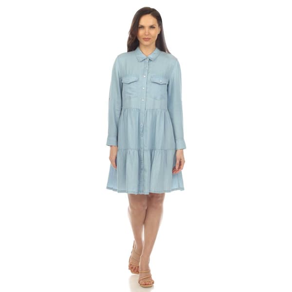 Womens White Mark Long Sleeve Tiered Midi Shirtdress