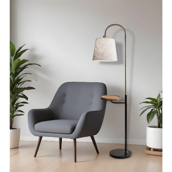 HomeRoots 65" Black And Brass Tray Table Floor Lamp With Off Whi