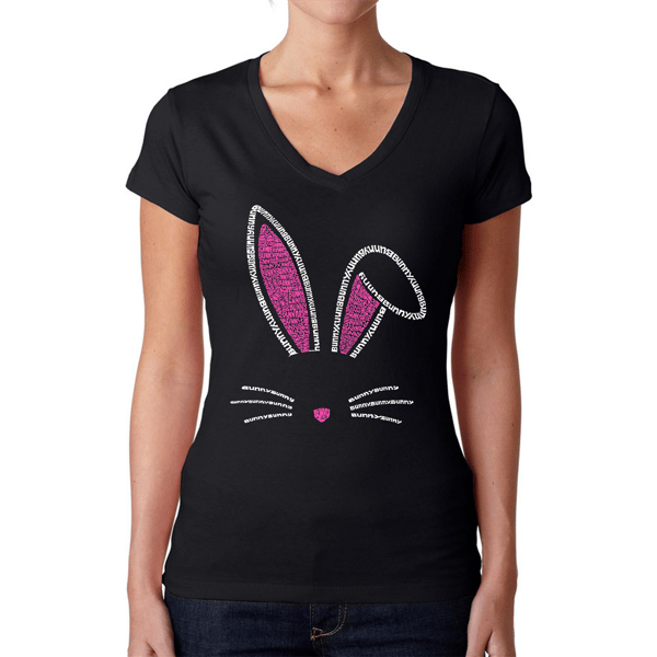 Womens LA Pop Art Bunny Ears Word Art V-Neck T-Shirt - image 