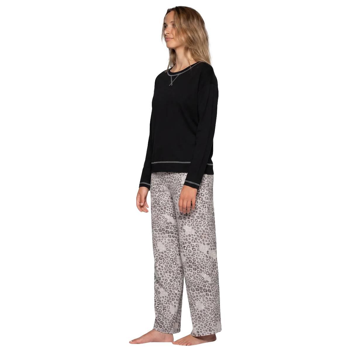 Womens HUE® Long Sleeve Black Jersey Waffle Pajama Set