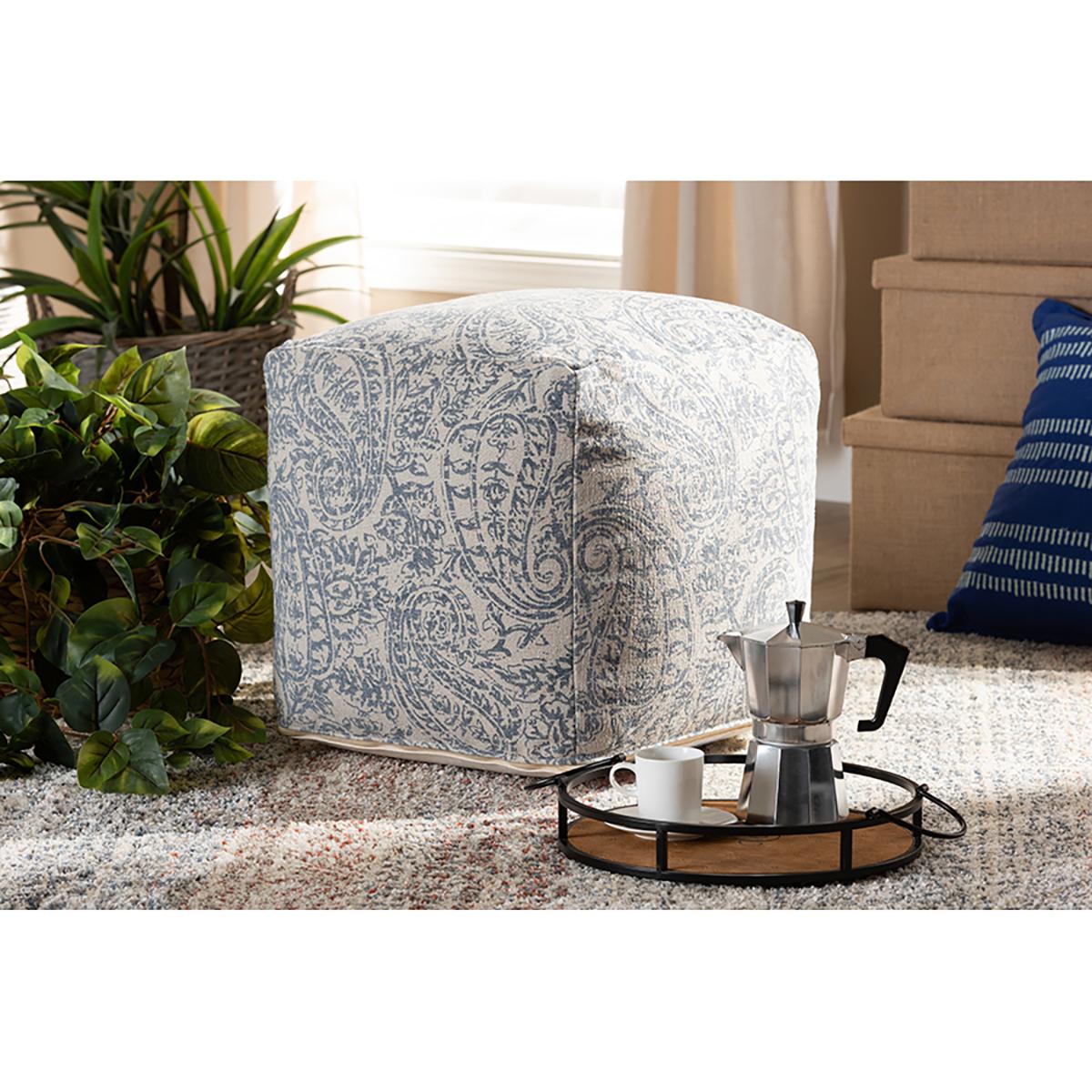 Baxton Studio Juvita Handwoven Cotton Paisley Pouf Ottoman