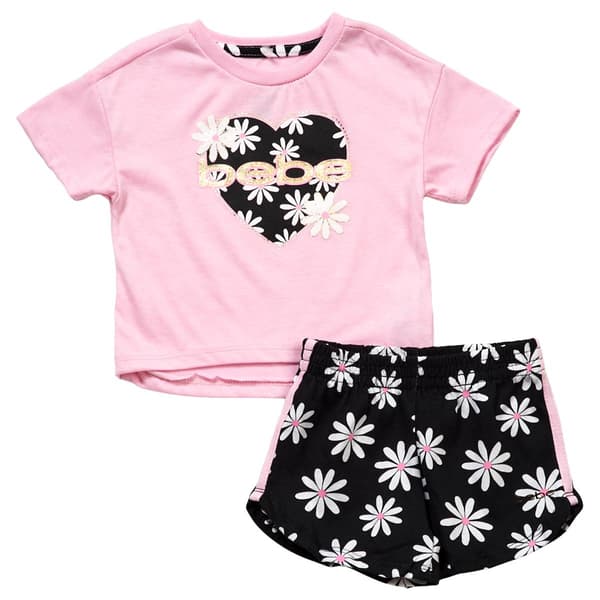 Toddler Girl Bebe Logo Floral Heart Tee & Short Set - image 