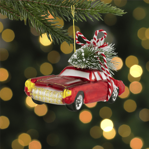 Northlight 5in Red Vintage Car with Christmas Tree Glass Ornament