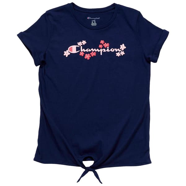 Girls &#40;7-16&#41; Champion&#40;R&#41; Short Sleeve Floral Logo Tie Front Tee - image 