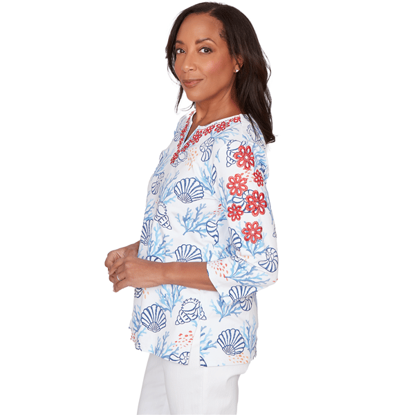 Petite Alfred Dunner Port Side Coastal Embroidered Blouse