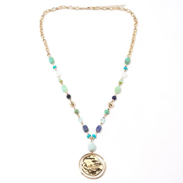 Ashley Cooper(tm) Green/Blue Bead Hammered Disk Pendant Necklace - image 