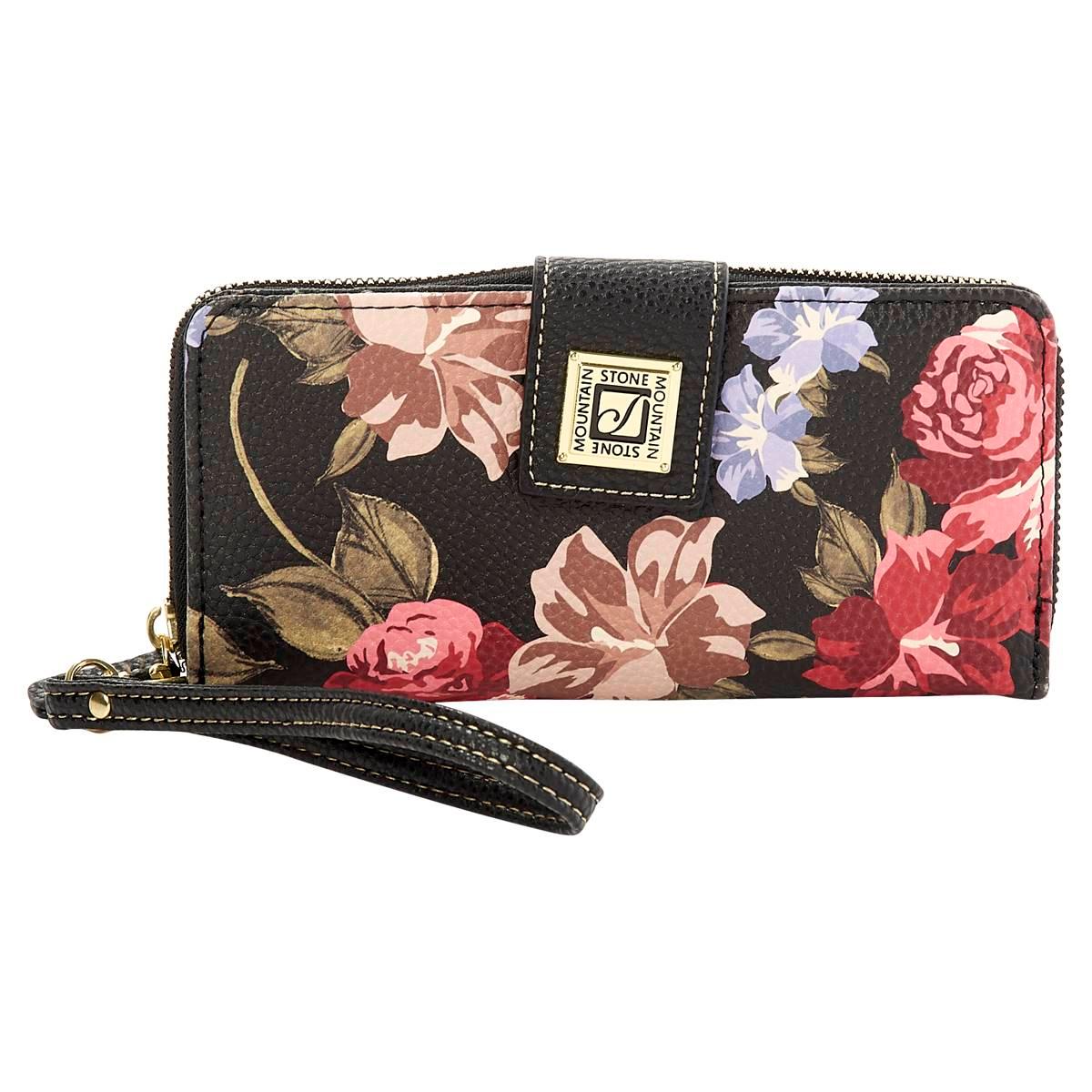 Womens Stone Mountain Rose Bloom Large Zip Around Wristlet