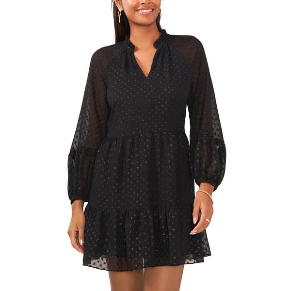 Womens MSK Long Sleeve Lurex Clip Dot Babydoll Dress