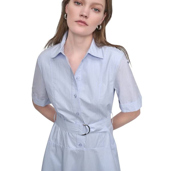 Womens DKNY Drop Waist Button Front Pinstripe Fit & Flare Dress