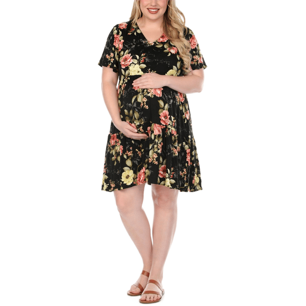 Plus Size White Mark Short Sleeve Floral Maternity A-Line Dress