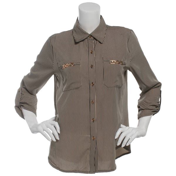 Plus Size Notations Long Sleeve Silky Stripe Casual Button Down - image 