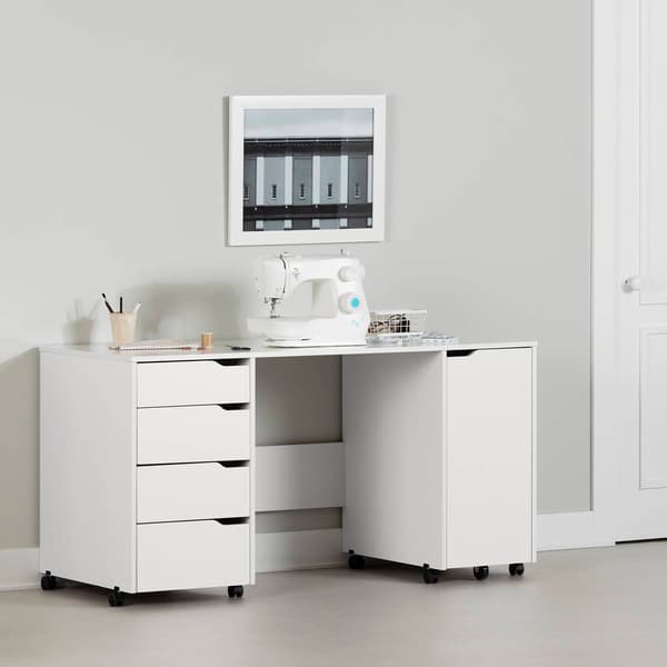 South Shore Crea Pure White Sewing Craft Table w/ Wheels