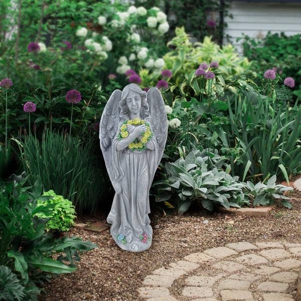 Alpine Angel w/ Yellow Flower Wreath Statue