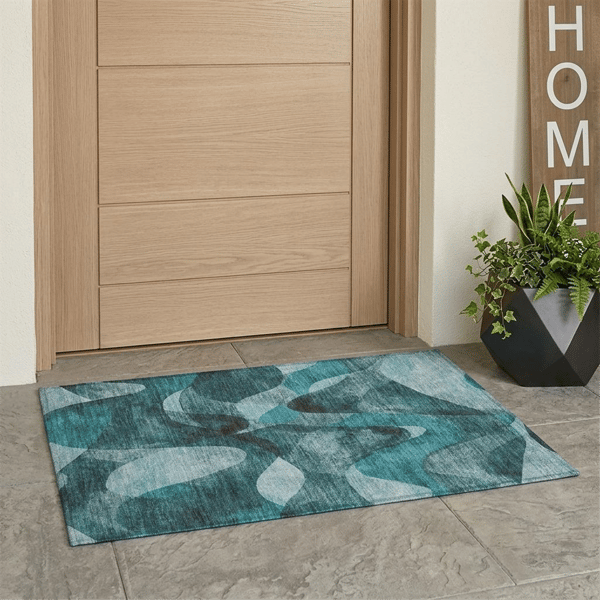 HomeRoots Teal Abstract Washable Non Skid Indoor Outdoor Accent - image 