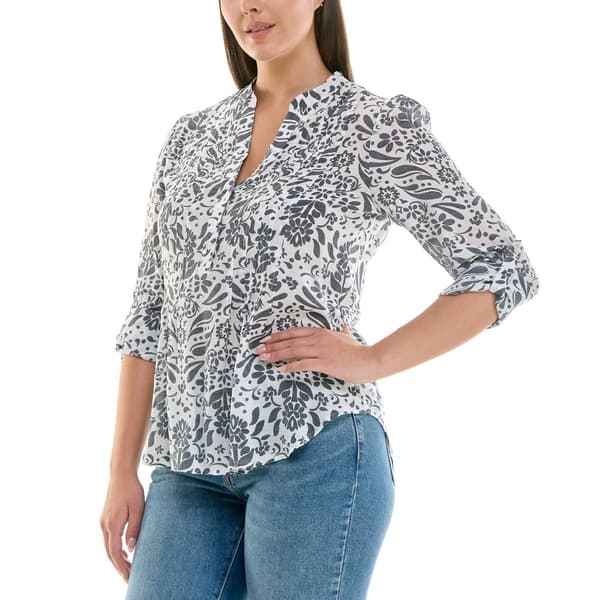 Womens Zac & Rachel 3/4 Roll Tab Sleeve Abstract Blouse