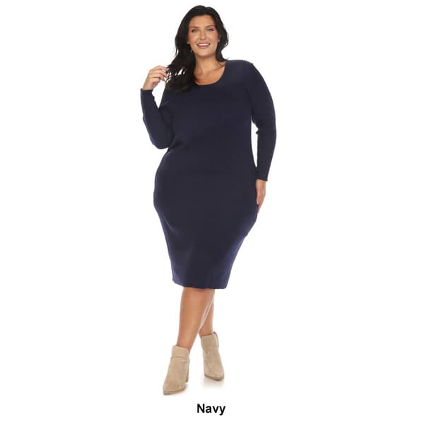 Plus Size White Mark Long Sleeve Rib Midi Sweater Dress