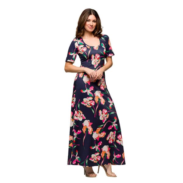 Womens 24/7 Comfort Apparel Navy Floral Casual A Line Maxi Dress